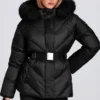 Veste de ski imperméable à capuche en fausse fourrure, couleur noire Veste de ski imperméable à capuche en fausse fourrure, couleur noire