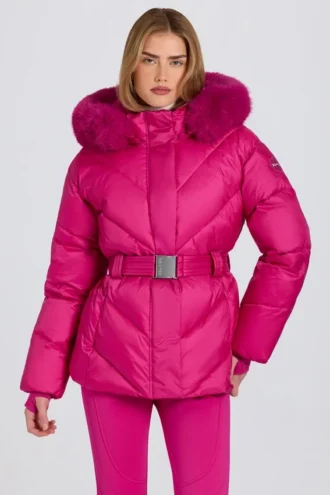 Veste de ski imperméable à capuche en fausse fourrure, rose magenta