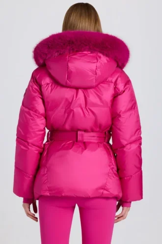 Veste de ski imperméable à capuche en fausse fourrure, rose magenta
