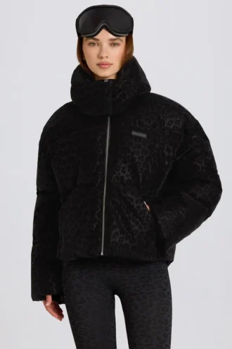 Veste de ski oversize courte imperméable, motif léopard noir