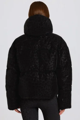 Veste de ski oversize courte imperméable, motif léopard noir