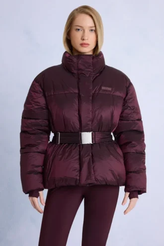 Veste de ski oversize imperméable à ceinture, couleur bordeaux