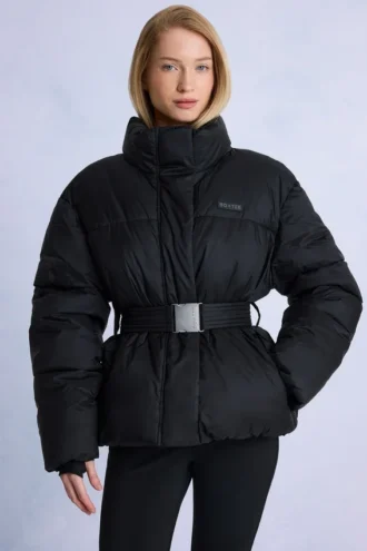 Veste de ski oversize imperméable à ceinture, couleur noire