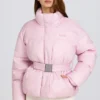 Veste de ski oversize imperméable à ceinture, couleur rose poudré Veste de ski oversize imperméable à ceinture, couleur rose poudré