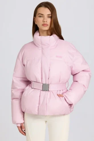Veste de ski oversize imperméable à ceinture, couleur rose poudré